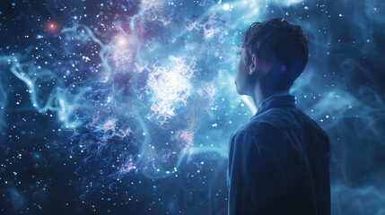 Wall Mural - a man stands in front of a space filled with stars, looking up at the vast night sky