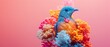 Images of strangely colored bird and colorful corals that seem unlikely to be together. on a pink background. Generative AI