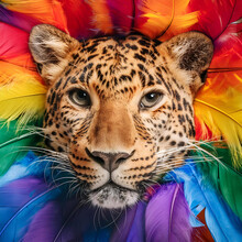 A Leopard Head With A Rainbow Feather On It. LGBTQ Pride Month. Pride Day. High Quality. Graphic Resource. Deep Look. Eye. Cute Decoration. Party.
