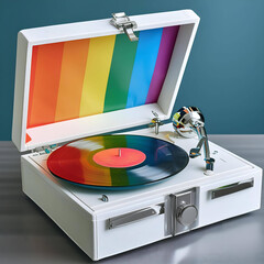 A record player with a rainbow pride colors. High level of detail. LGBTQ Pride. Month Pride Day. Music. Sound. Songs. Song. Old. Box