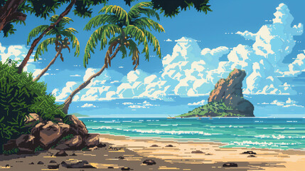 pixel art of sunny beach dungeon background battle scene in RPG old school retro 16 bits, 32 bits game style