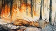 A fox sleeps soundly in the middle of a raging forest fire