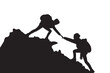 Silhouette of two people hiking climbing mountain and helping each other on top of mountain, helping hand and assistance concept vector