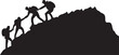 Silhouette of four people hiking climbing mountain and helping each other on top of mountain, helping hand and assistance concept vector