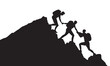 Silhouette of three people hiking climbing mountain and helping each other on top of mountain, helping hand and assistance concept vector