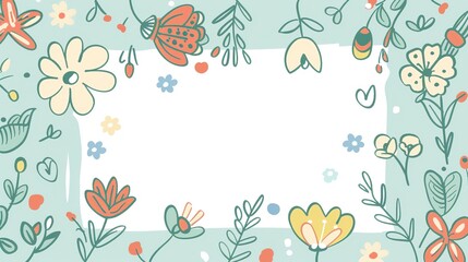 Wall Mural - springtime flower blossom minimal doodle page print border design, with blank empty space for mock up message background