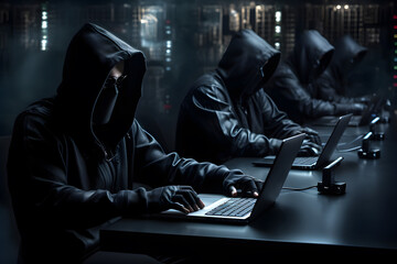 Wall Mural - Hackers with hoodies typing laptops. Hacker group, organization or association. 