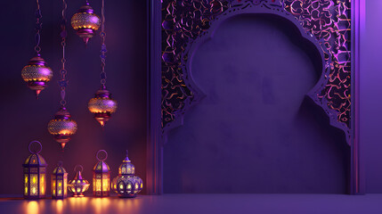 Wall Mural - Arabic lanterns and decoration on purple background, copy space for text