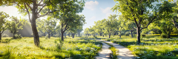 Wall Mural - Sunny Meadow with Tall Trees, Soft Green Grass, Perfect for Relaxing Outdoors