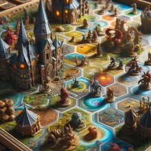 Fantasy Board Game With Miniatures And Castles In Strategic Play Amidst Mystical Landscape