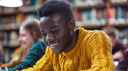 Wall Mural - Smiling Student Studying in Library