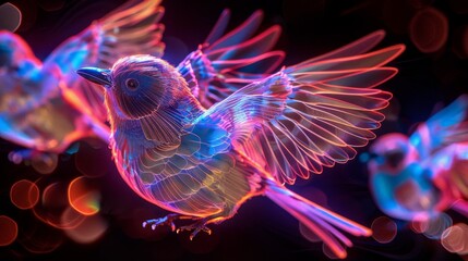 Wall Mural - Neon Birds Vibrant: A photo of birds illuminated in neon colors