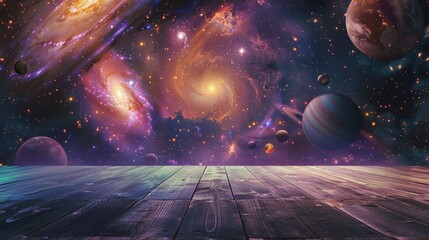 Wall Mural - A wooden tabletop mockup in front of a beautiful space scene with stars, planets, and galaxies background