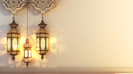 Wall Mural - Arabic lanterns and decorations on a white wall background. Copy space for text in a gold color