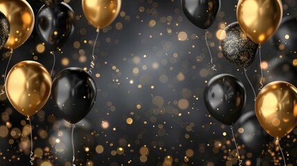 Banner with black and golden balloons. Black friday sale, birthday concept background,Black and golden balloons with gold sparkles high detailed black background with copy space for text. Generated AI