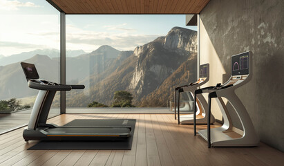 A gym with two treadmills and a view of mountains