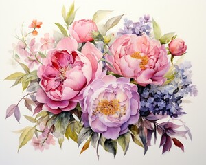  Watercolor bouquet featuring garden roses and blousy peonies, soft pastels on a white background, evoking delicate charm ,  watercolor painting