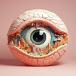 Graphic illustration of a human eye crosssection, detailed and positioned against a contrasting pastel background