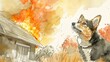 A dog looking at a burning house