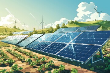 Growing fresh vegetables and fruits next to fields with solar panels, eco generation, illustration