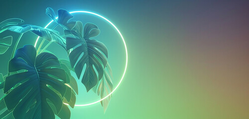 Wall Mural - A trendy design featuring monstera leaves illuminated by a neon circle, transitioning from a cool blue at the top to a warm green at the bottom. The background is a subtle gradient, 