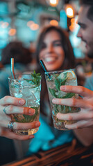 Young people on vacation drinking a refreshing Mojito, summer vacation