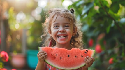 Young girl enjoying a juicy watermelon