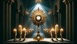 © Milano - Corpus christi background with a golden sunburst monstrance in the church.