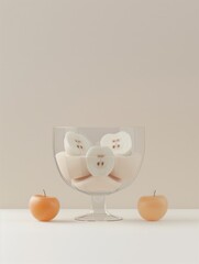 Sophisticated presentation of vanilla ice cream garnished with fresh apple slices in a clear glass bowl, set against a soft green background with two whole fruits on the side