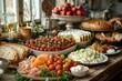 © DKPhoto - A bountiful spread of fresh produce and breads on a wooden table, suggesting abundance and hospitality in a rustic setting