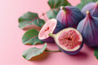 Ripe figs with leaves on a pink background