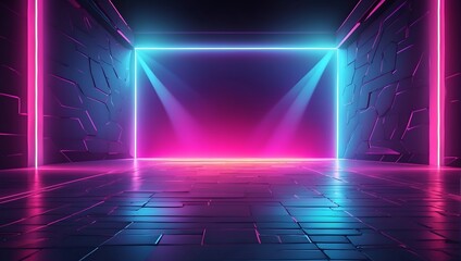 A neon colored room with a blue wall and a blue light. The room is empty and has a futuristic feel to it