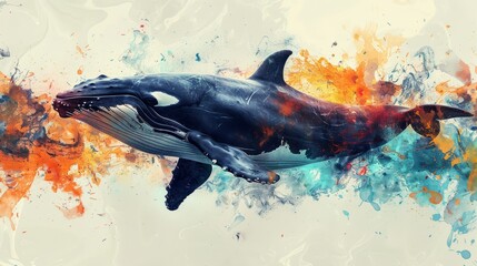 Abstract whale and killer whale portrait in vibrant watercolor splash, exploring nature's majestic marine life through artistic expression