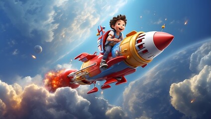 A boy is riding a rocket in the sky. The rocket is blue and red