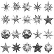 Set of decorative pointy star balls in hand drawn style. Abstract occult magic balls or mysterious fortune reader orbs, 3d sphere crystals. Different stars. Vector.