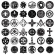 Large set of hand drawn religious symbols . Jesus Christ cross medallion, stone carving. Son of God crucifixion cross. Christian crown, sacred heart, IHS Ancient monogram, holy spirit. Vector.