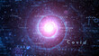 Pandemic coronavirus covid-19 word cloud on glowing violet spiral illustration background.	