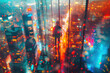 Close-up Cityscape Dreamy Cyberpunk Illustration with Person on Ledge





