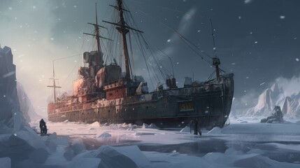 Wall Mural - Arctic exploration with ship, sharp focus, intricate, diorama, omunious atmosphere,detailed illustration, beautiful color palette.