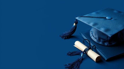 Wall Mural - Sophisticated blue graduation cap and diploma setup, representing educational success and commencement milestones