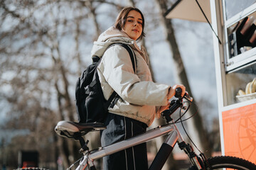 Wall Mural - Portrait of a lovely girl with a bicycle in a park on a sunny day, exuding peaceful vibes and relaxed lifestyle.