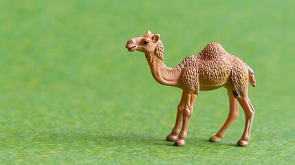 Wall Mural - A cute camel figurine on an green background, in a minimalist style with a simple design. Copy space for text