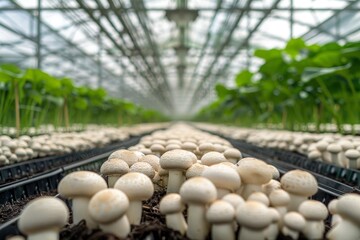 Champignon farm, champignons growing thickly in a greenhouse, close-up