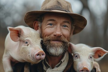 A cheerful farmer wearing a hat smiles as he poses with two adorable pigs, conveying a sense of caring and pride in farm life