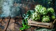  Fresh artichokes displayed on a rustic wooden table with greenery.
