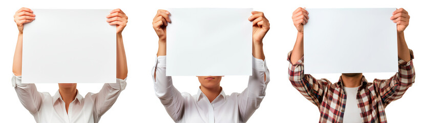 Wall Mural - A set of paper in hands on a white or transparent background. Close-up of a man holding a white sheets of paper. Mockup. Protest. Starting ideas. Ideas for the future. New beginnings.