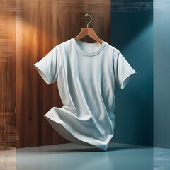 Wall Mural - Blank White T-Shirt Mock-up on wooden hanger, front and rear side view. 3D Rendering.