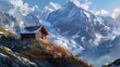 Surrounded by towering peaks, a cozy chalet stands in silent contemplation, its windows framing a breathtaking panorama of snow-capped mountains and endless sky, a haven for the restless spirit.