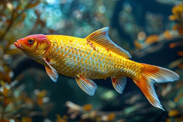 A stunning golden fish swims gracefully in a clear blue water, with light reflecting on its shimmering scales