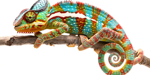 Wall Mural - A colorful chameleon sits on a branch with white background